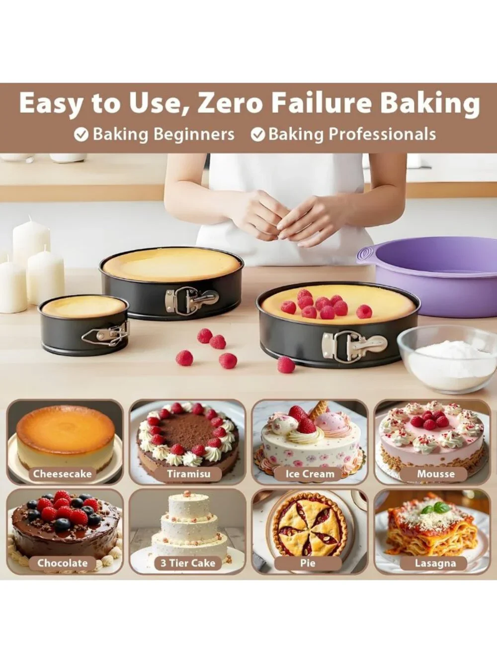 Leakproof Springform Pan Set of 3 - Nonstick Cheesecake Pans with Silicone